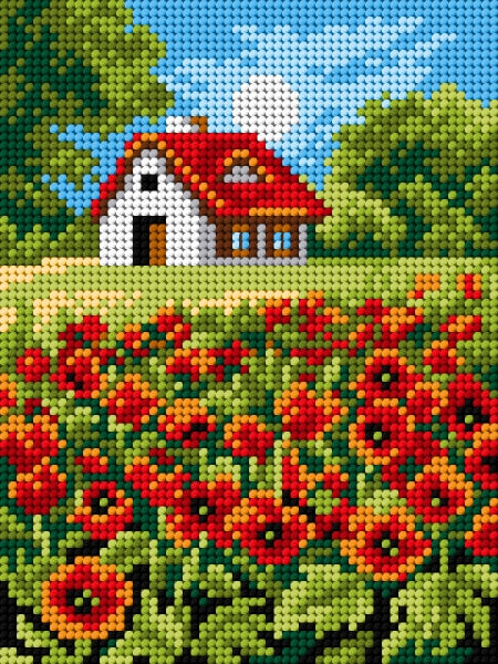 Needlepoint canvas featuring a vibrant Poppies design, printed on high-quality Zweigart canvas, measuring 15x20 cm.